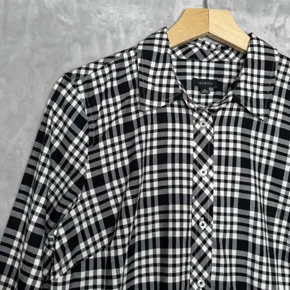 Talbots Shirt Womens Medium Black White Plaid Button Front Long Sleeve Cotton - Picture 3 of 10